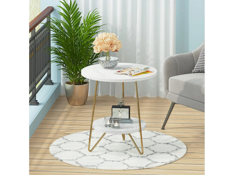 Tribesigns - Mesa de Apoio Redonda de Dois Níveis Compacta - Branco e Dourado