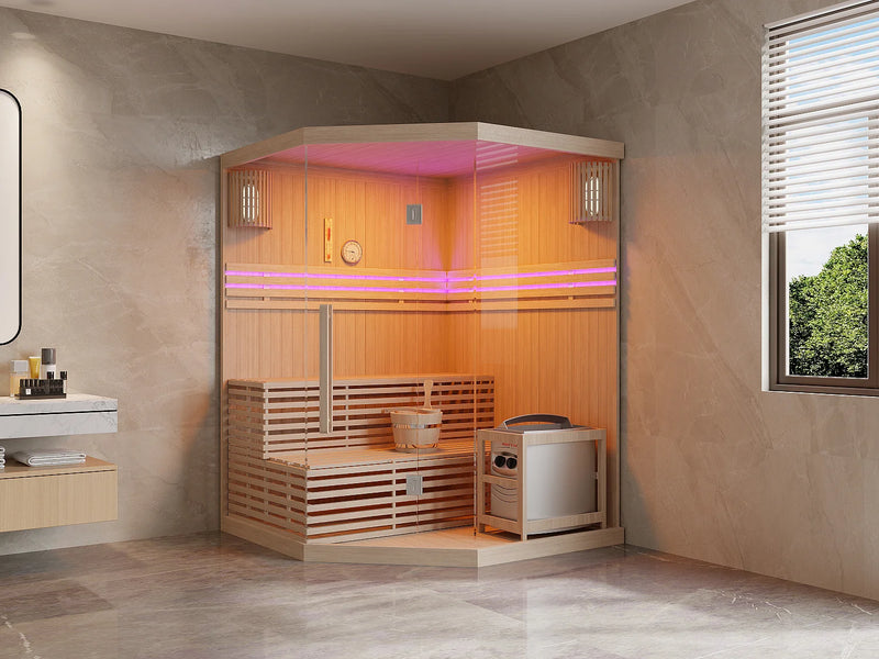 KALSOY - Sauna Finlandês de Canto Envidraçado com LEDs e Fogão 6KW 3/4 Lugares - Natural Claro