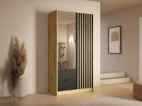 NEROVAL - Guarda-Roupa 2 Portas e 2 Gavetas com Espelho - Natural e Antracite