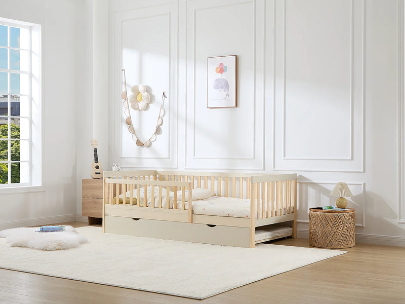 PROVIATI - Cama 90x190 cm com Gaveta Deslizante em Pinho e MDF - Bege e Natural