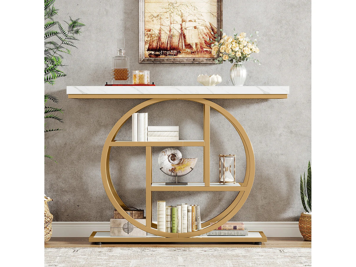 Tribesigns - Consola Industrial 4 Níveis com Base Circular em Metal - Branco e Dourado