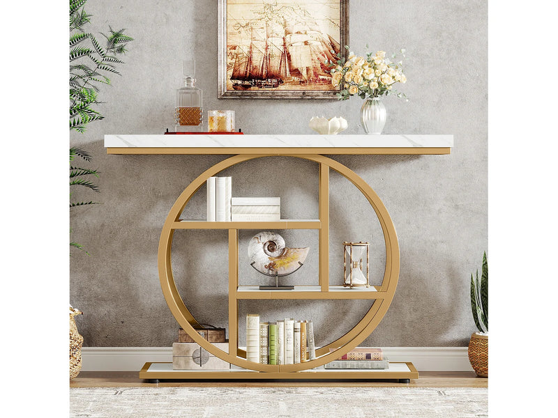 Tribesigns - Consola Industrial 4 Níveis com Base Circular em Metal - Branco e Dourado