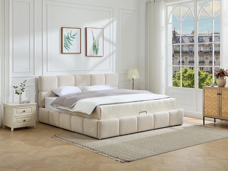 DILUDO - Cama com Espaço de Arrumação 160x200 cm em Tecido Bouclé - Bege