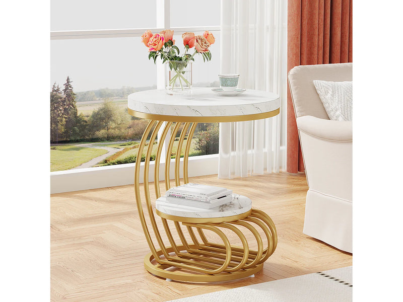 Tribesigns - Mesa de Apoio Redonda de Dois Níveis com Arco em Metal - Branco e Dourado