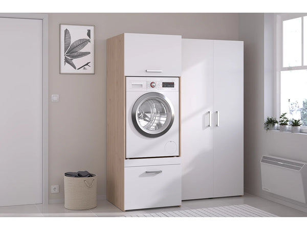 ERKANO - Móvel para Máquina de Lavar com Armários e Coluna de Duas Portas - Natural Claro e Branco