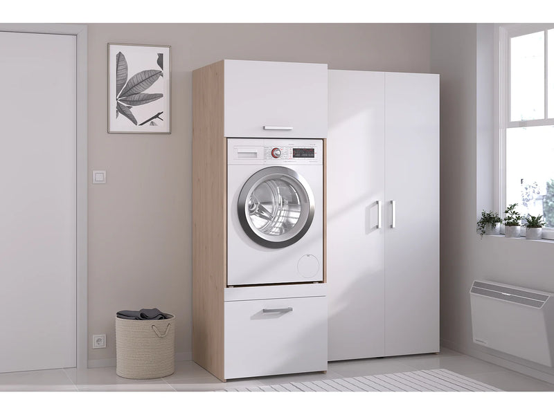 ERKANO - Móvel para Máquina de Lavar com Armários e Coluna de Duas Portas - Natural Claro e Branco