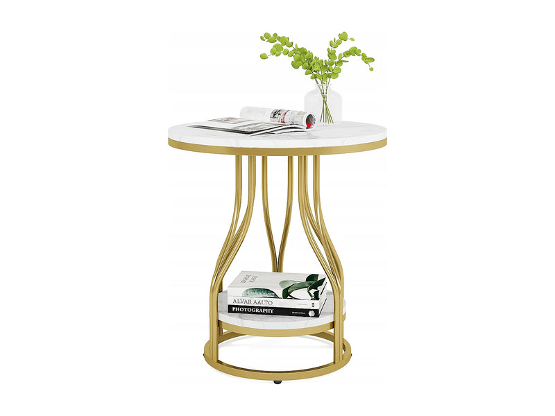 Tribesigns - Mesa de Apoio Redonda de Dois Níveis - Branco e Dourado