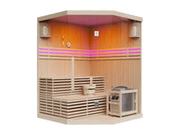 KALSOY - Sauna Finlandês de Canto Envidraçado com LEDs e Fogão 6KW 3/4 Lugares - Natural Claro