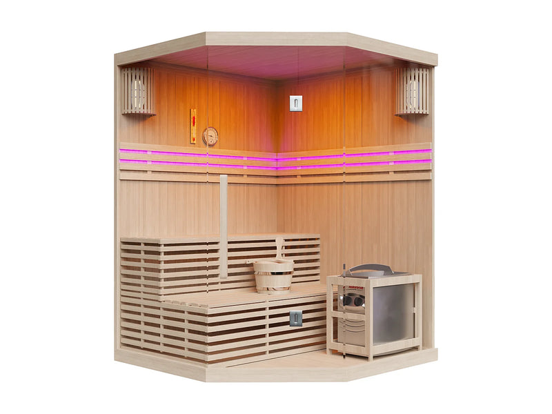 KALSOY - Sauna Finlandês de Canto Envidraçado com LEDs e Fogão 6KW 3/4 Lugares - Natural Claro