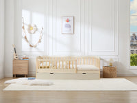 PROVIATI - Cama 90x190 cm com Gaveta Deslizante em Pinho e MDF - Bege e Natural