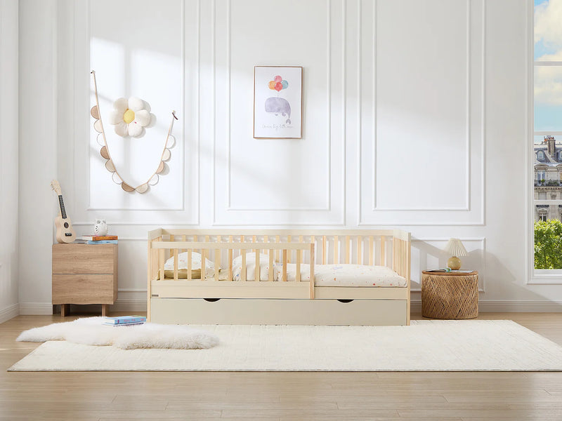 PROVIATI - Cama 90x190 cm com Gaveta Deslizante em Pinho e MDF - Bege e Natural