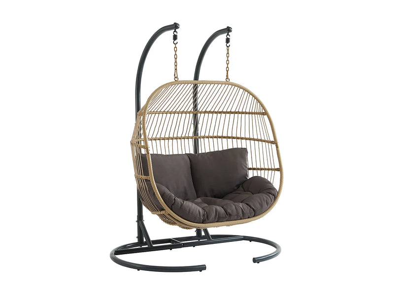 Lissandra - Poltrona Suspensa 2 Lugares em Resina Trançada Natural com Almofadas Antracite