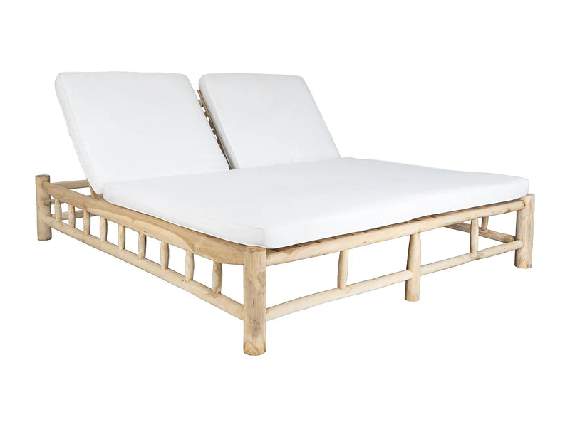 Tulum - Espreguiçadeira Dupla em Teca com Colchão - Natural e Branco