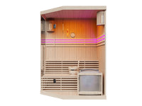 KALSOY - Sauna Finlandês de Canto Envidraçado com LEDs e Fogão 6KW 3/4 Lugares - Natural Claro