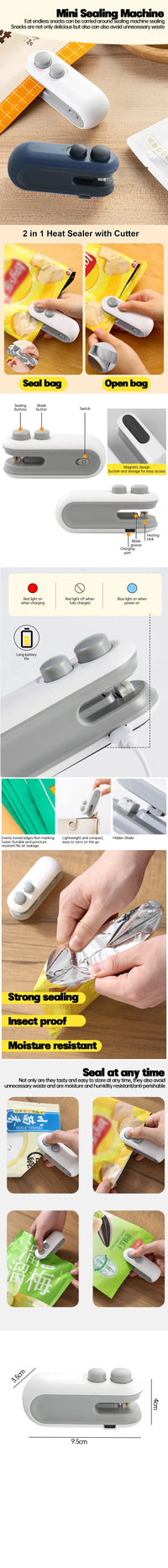Seladora de Sacos Elétrica Portátil 2 em 1 — Mini Máquina de Selar com Carregamento USB-C